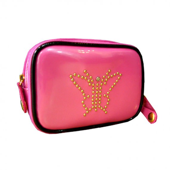 Shiny Pink Zipper Pouch with butterfly studs