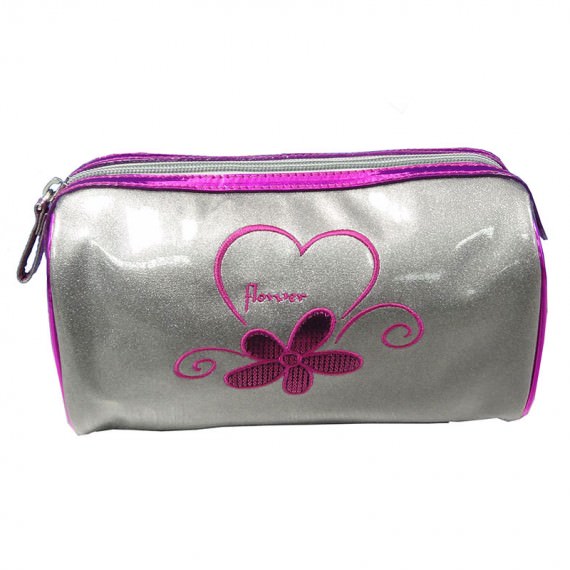 Silver Cosmetic Bag with Embrodiery Flower & Logo