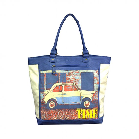 Canvas & PU Leather Tote Bag with Vintage Car Print