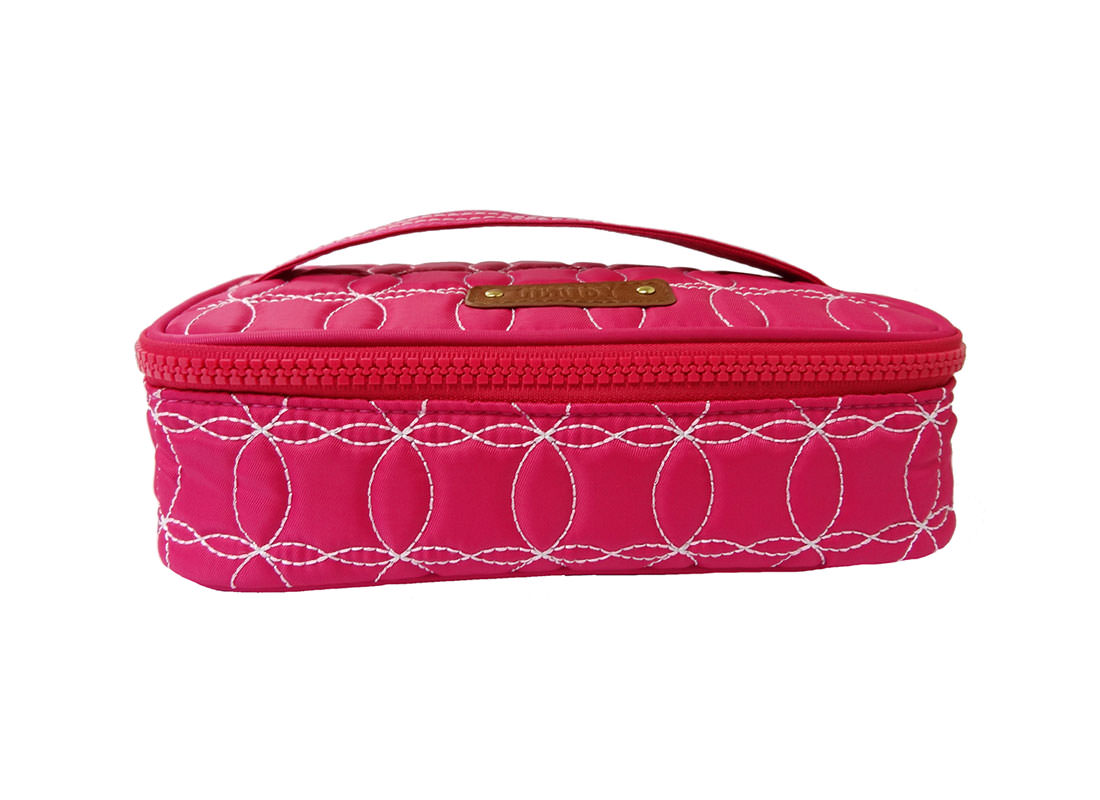 Quilted Makeup Bag in cherry Pink with handle front