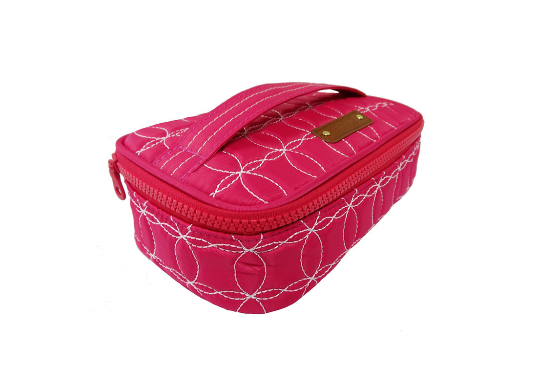 Quilted Makeup Bag in cherry Pink with handle side