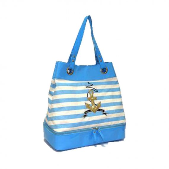 Striped Canvas Tote Bag with Shoe Compartment