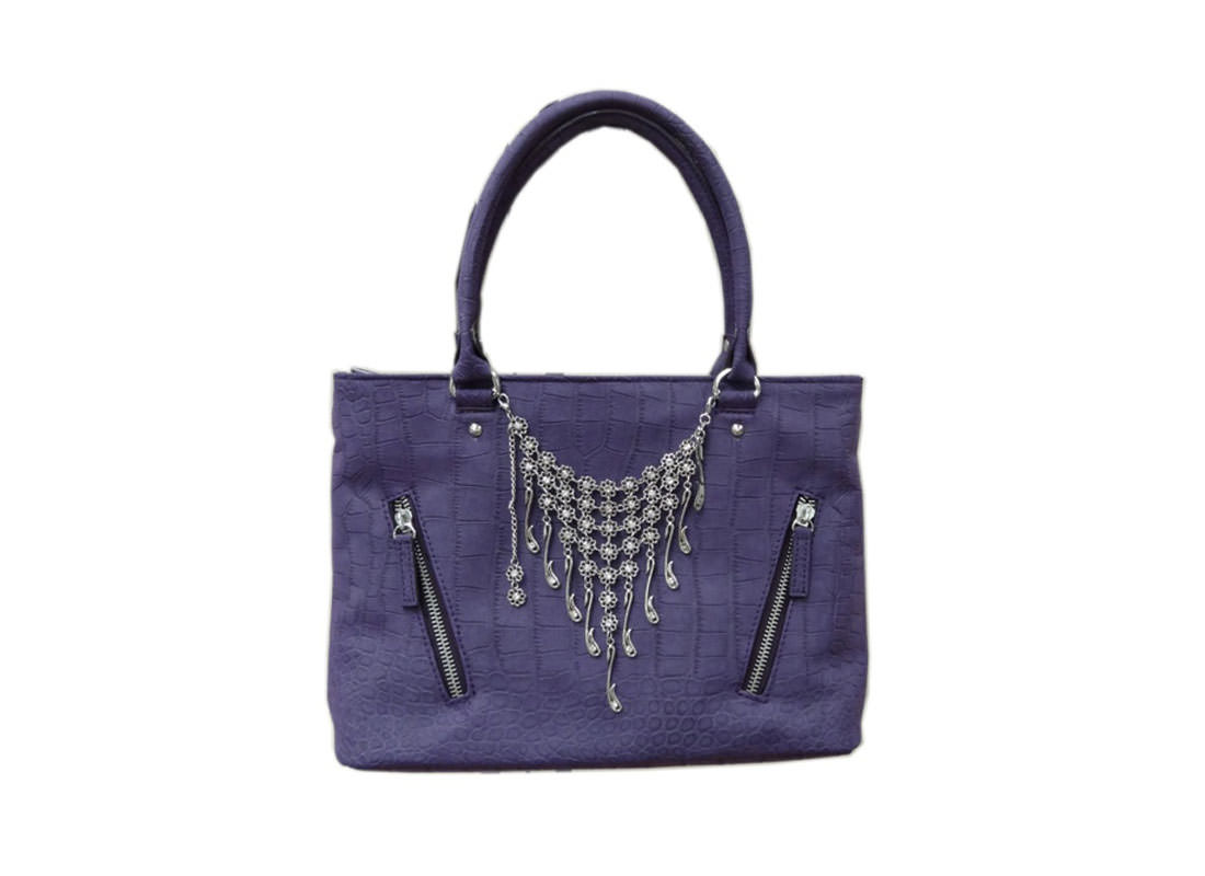 dark blue square tote with charm