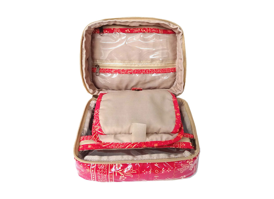 Organizer Pouch with multiple pockets in Red Color open3
