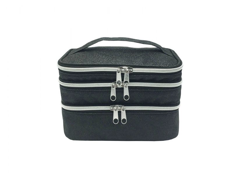 compartment makeup bag in black shiny pu front